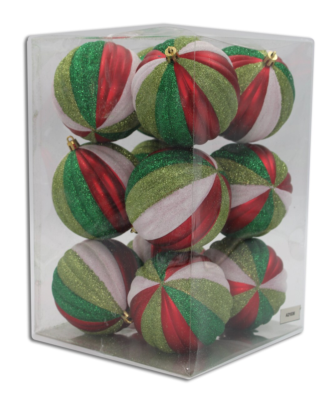 12 Pack Red, White, Lime Green and Green Glitter Assorted Ball Ornaments